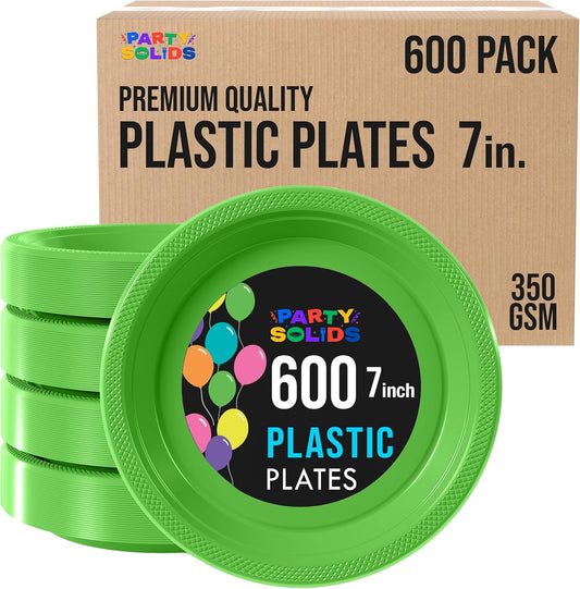 Party Solids Lime Green Plastic Plates Bulk 7" Lime Green Disposable Plates For Party Supplies 600 Pieces Disposable Dinner Plate Heavy Duty 350 GSM Plate Sets, Plastic Dinnerware Sets