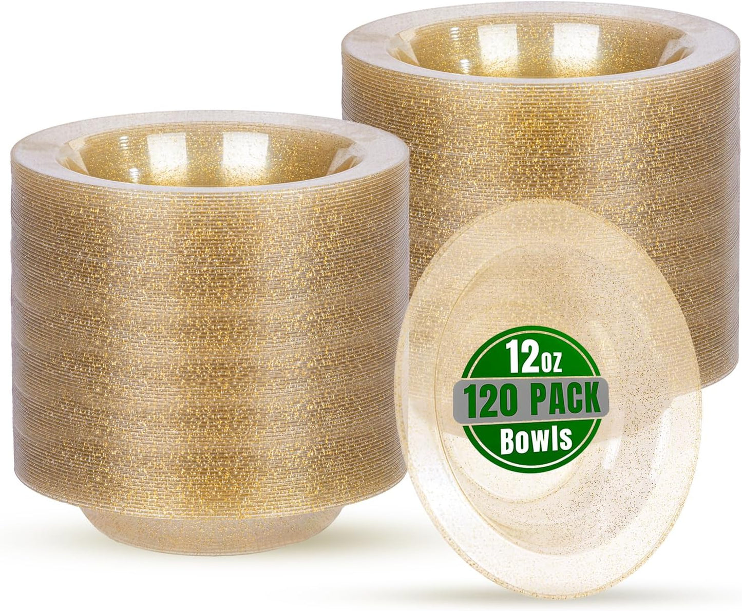 bUCLA 120 Pack Disposable Plastic Bowls - 12oz Clear Gold Glitter Party Bowls for Salads, Desserts, Soups - Premium Disposable for Parties & Thanksgiving