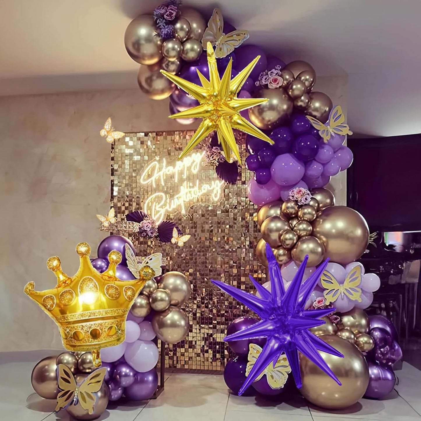 135 Pcs Graduation Balloons Arch Kit 2025 Congratulations Decorations, Purple Gold White Balloon Garland with Explosion Star Certificate Crown Foil Balloons for Class of 2025 Grad Prom Supplies Decor