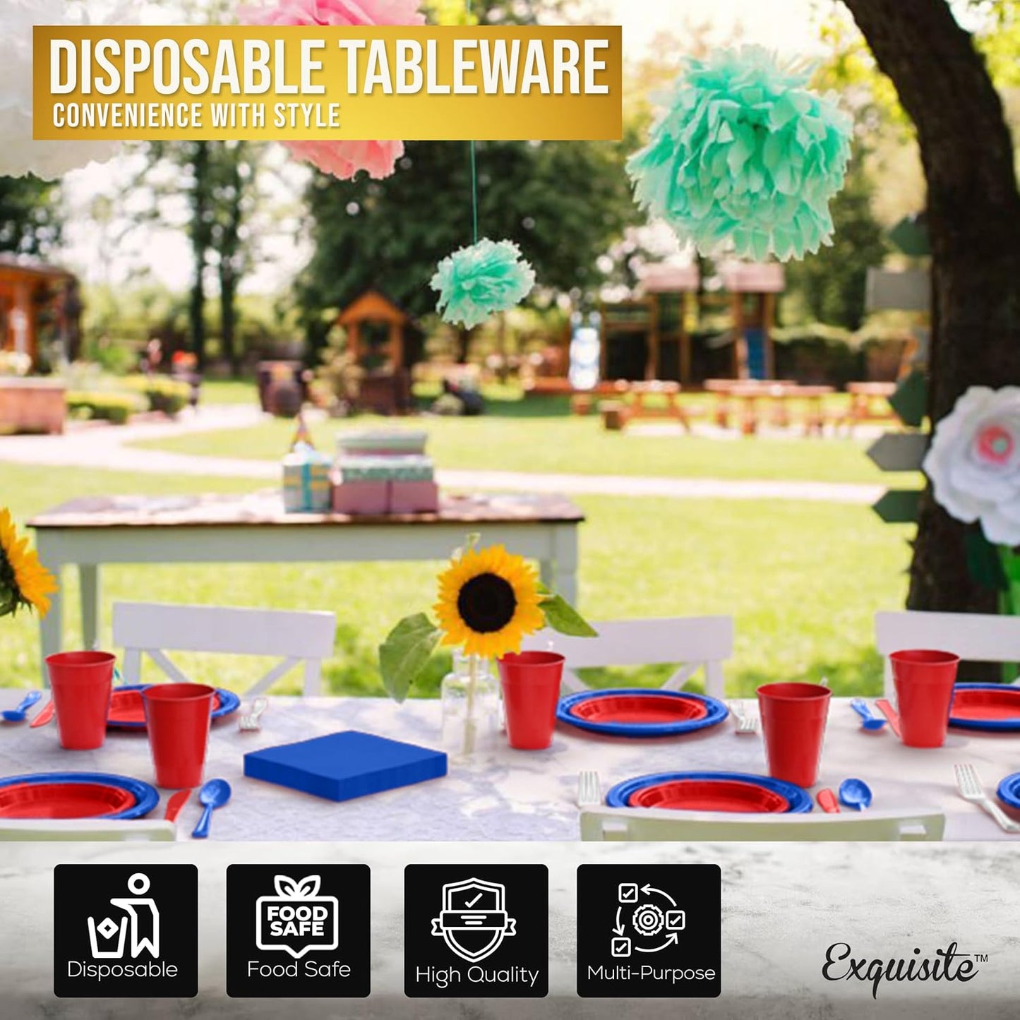 350 Pcs Patriotic Plastic Plates For Party, Patriotic Disposable Plates Set, 50 Of Each 9" Dinner Plate Set, 7" Dessert Plate, Cups, Napkins & Cutlery Plastic Dinnerware Exquisite