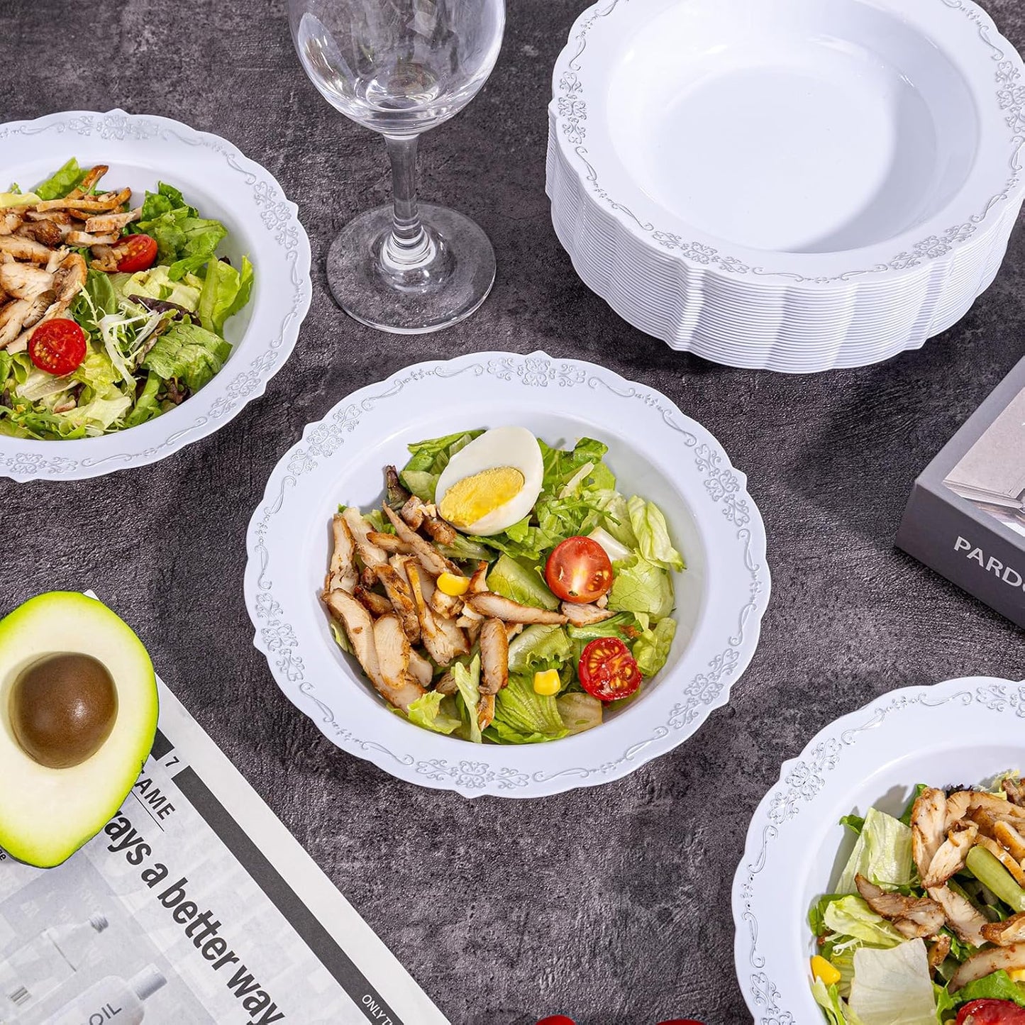 DaYammi 50 Pack Plastic Bowls with Silver Rim, 12oz Disposable Soup Bowls, Heavy Duty Dinner Bowls for Weddings, Parties, Dinners, Catering and Everyday Use