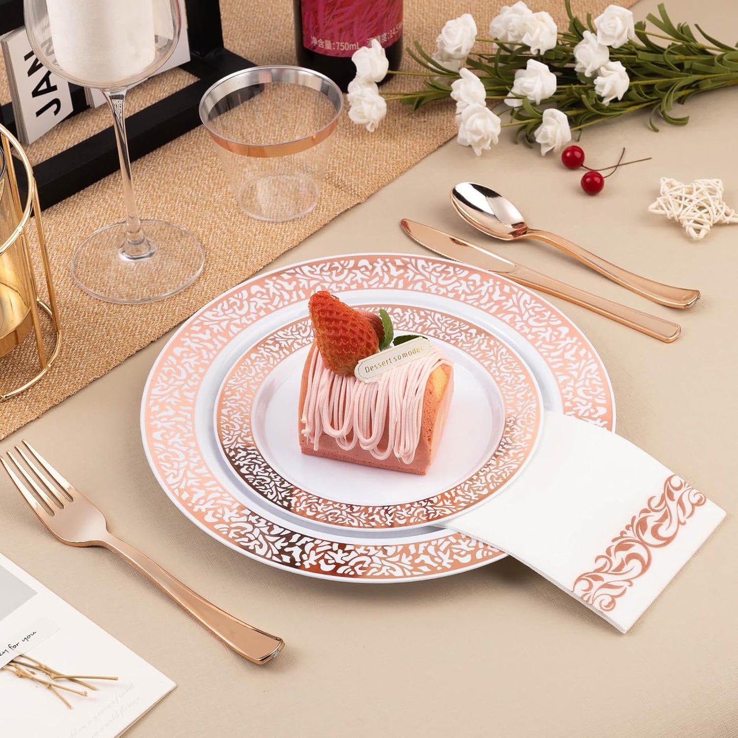 350PCS Rose Gold Plastic Dinnerware Set for 50 Guests, Disposable Plates for Party, Wedding, Include 50 Rose Gold Dinner Plates, 50 Dessert Plates, 50 Set Silverware, 50 Cups, 50 Napkins