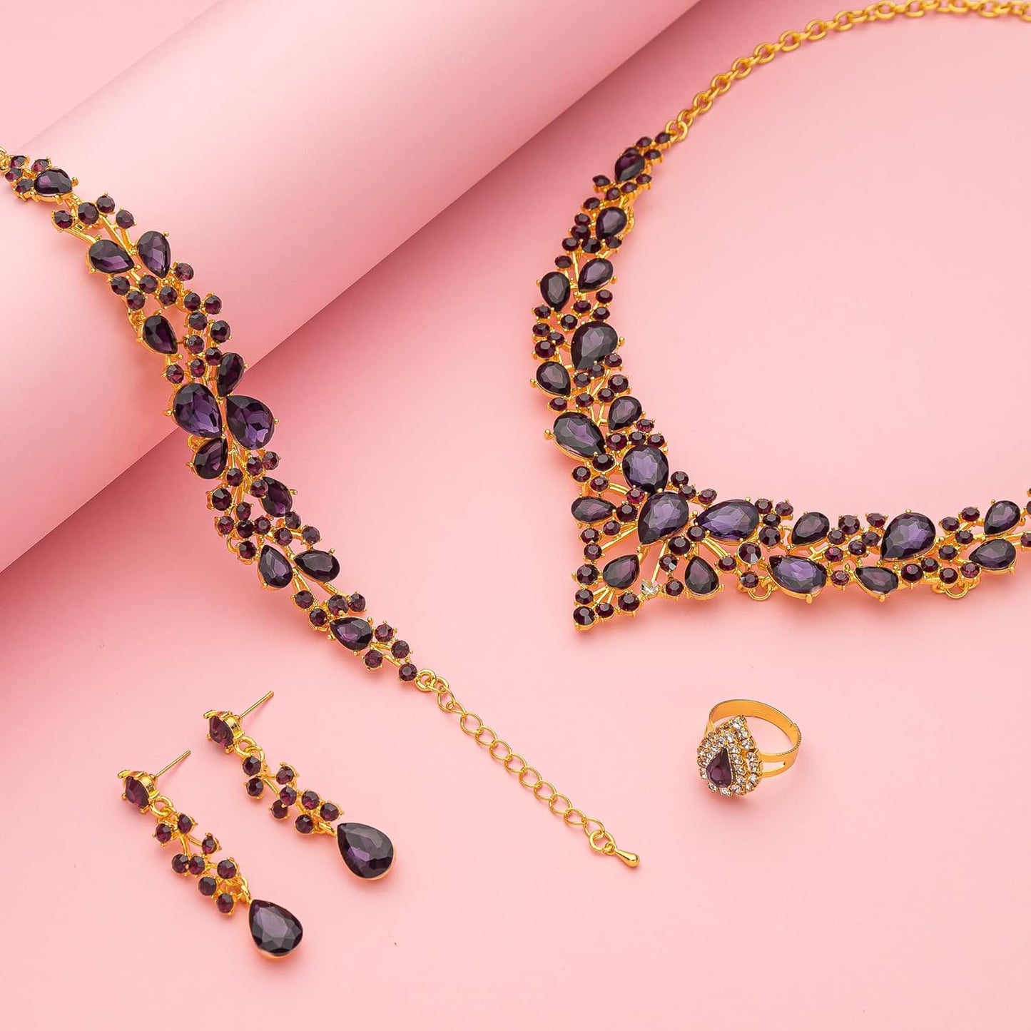 Crystal Bridal Wedding Jewelry Sets for Women Rhinestone Teardrop Crystal Statement Choker Necklace Drop Earrings Link Bracelets Rings Teardrop Jewelry Set for Brides Bridesmaids