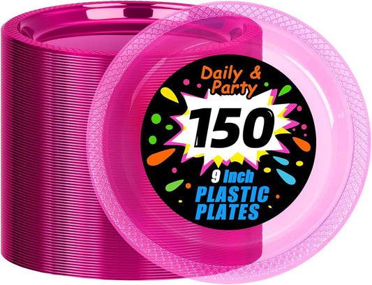 WELLIFE Neon Pink Party Plates 9 Inch -150 Count, Translucent Pink Plastic Disposable Dessert Neon Plates for Fluorescent Neon Theme Party Cake Salad Appetizers Easter Baby Shower Mother's Day