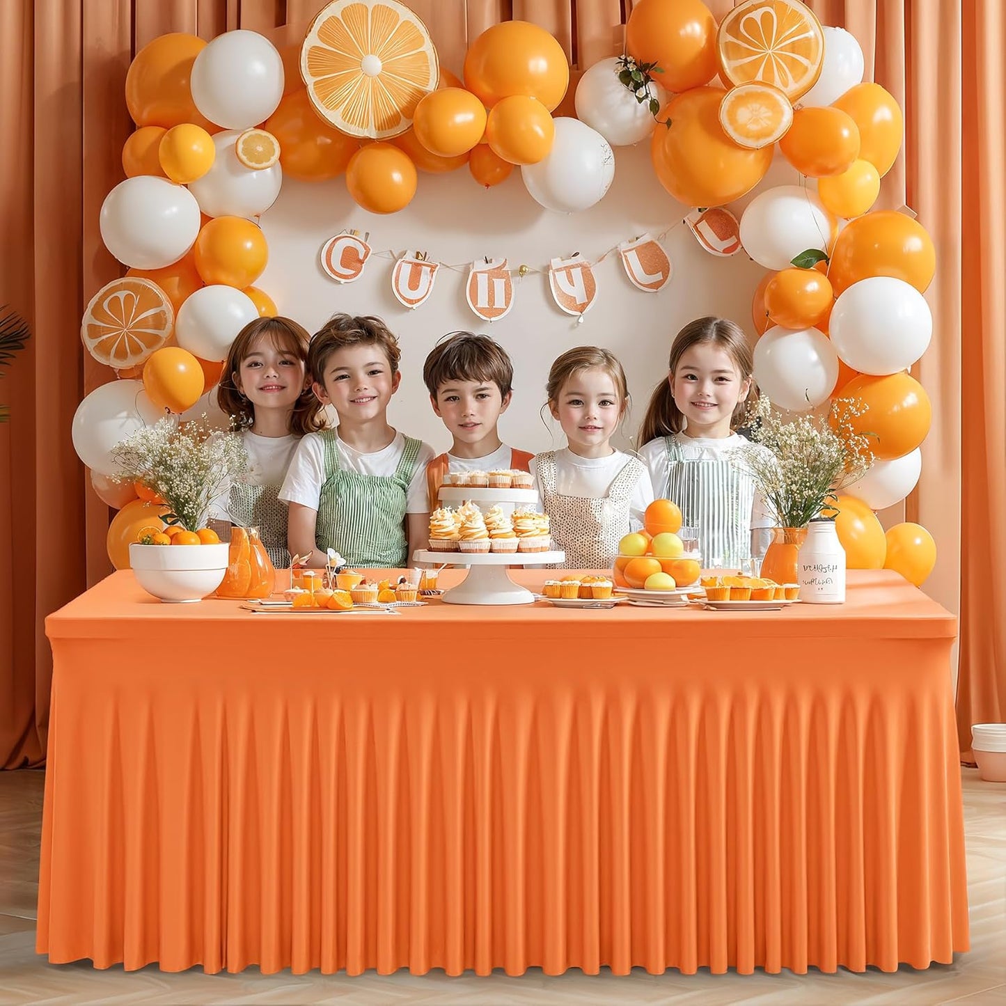 2 Packs Orange Table Clothes for 4 Foot Rectangle Tables, One-Piece Wrinkle Resistant Stretch Spandex Table Covers with Skirt for Event Banquet Wedding Birthday Party