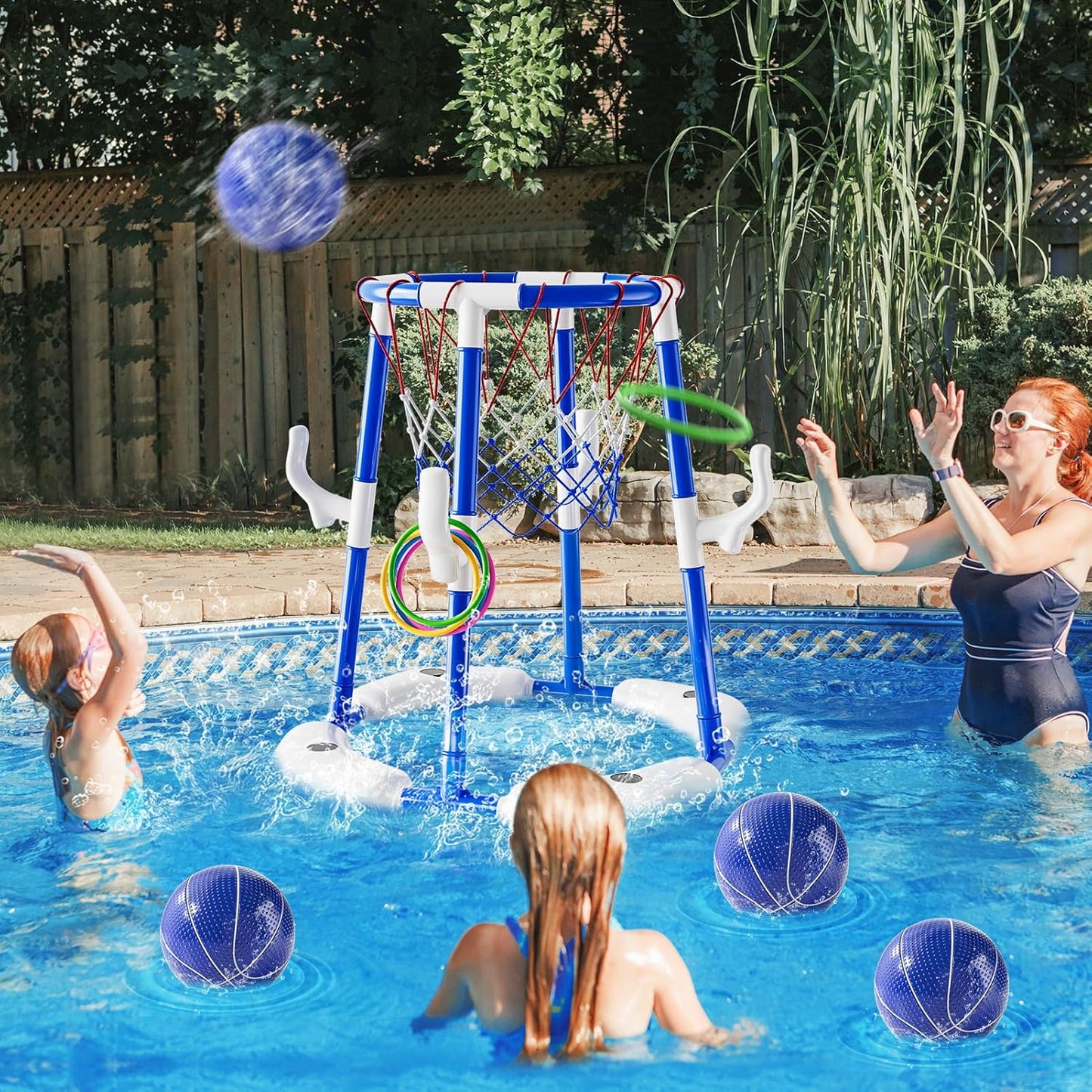 Pool Basketball Hoop Toys for Kids Ages 4-8 8-12 & Adult, Summer Outdoor Swimming Pool Games Water Play Toys Family Party for Kids, 2 in1 Pool Basketball Hoop & Ring Game with 4 Balls 12 Rings & Pump