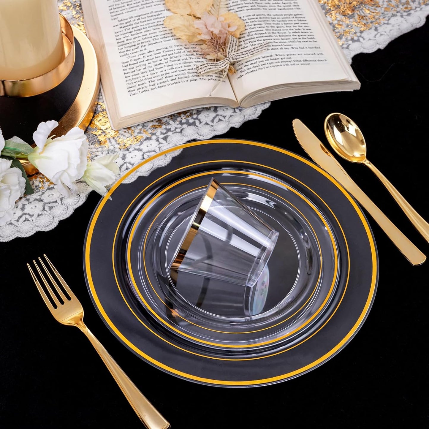 I00000 210Pcs Clear Gold Plastic Plates for 30 Guests, Includes: 30 Dinner Plates, 30 Dessert Plates, 30 Gold Cups, 30 Rolled Napkins with Cutlery