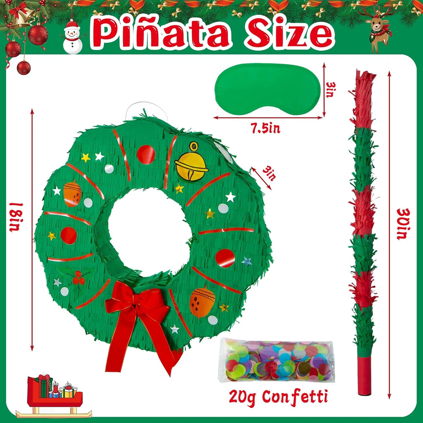 PCFING 18 Inch Christmas Wreath Piñata with 30 Inch Piñata Stick Blindfold Confetti for Boy Girl Adults Xmas Party Game Decorations