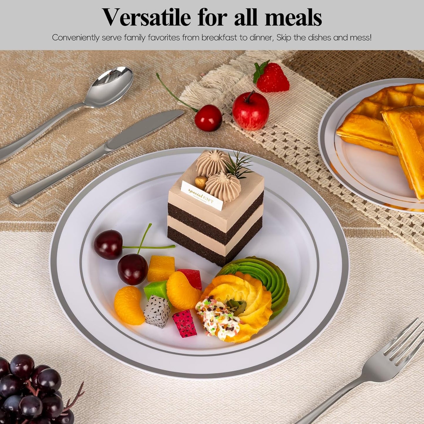 Goodluck 100PCS Silver Plastic Plates, 10.25 Inch Dinner Plate with Silver Rim, Heavy Duty Disposable Plastic Plates for Party, Wedding, Birthday & Daily Use