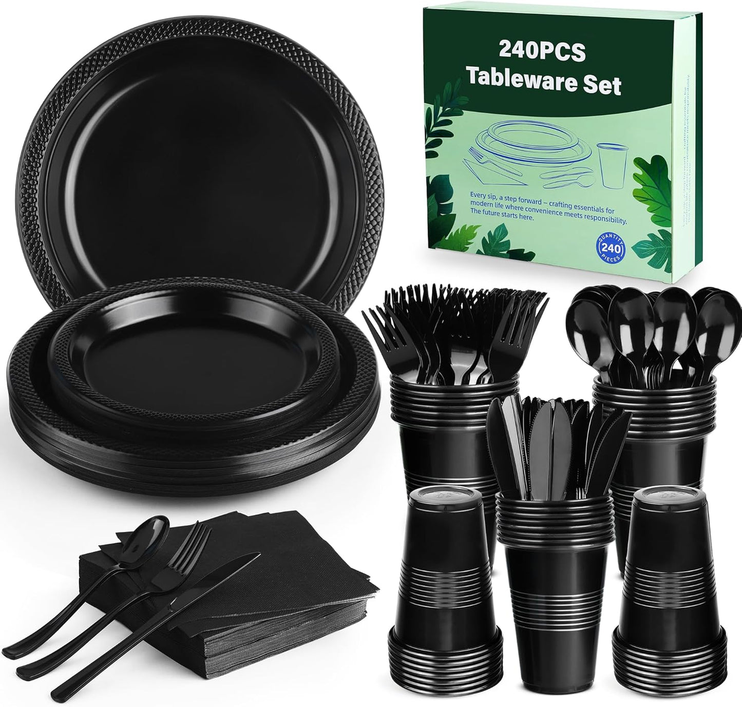 240 Pieces Black Plastic Dinnerware Set for 30 Guests Disposable Party Plates Napkins Cups and Silverware Dessert Dinner Plates for Birthday Wedding Halloween Party Supplies