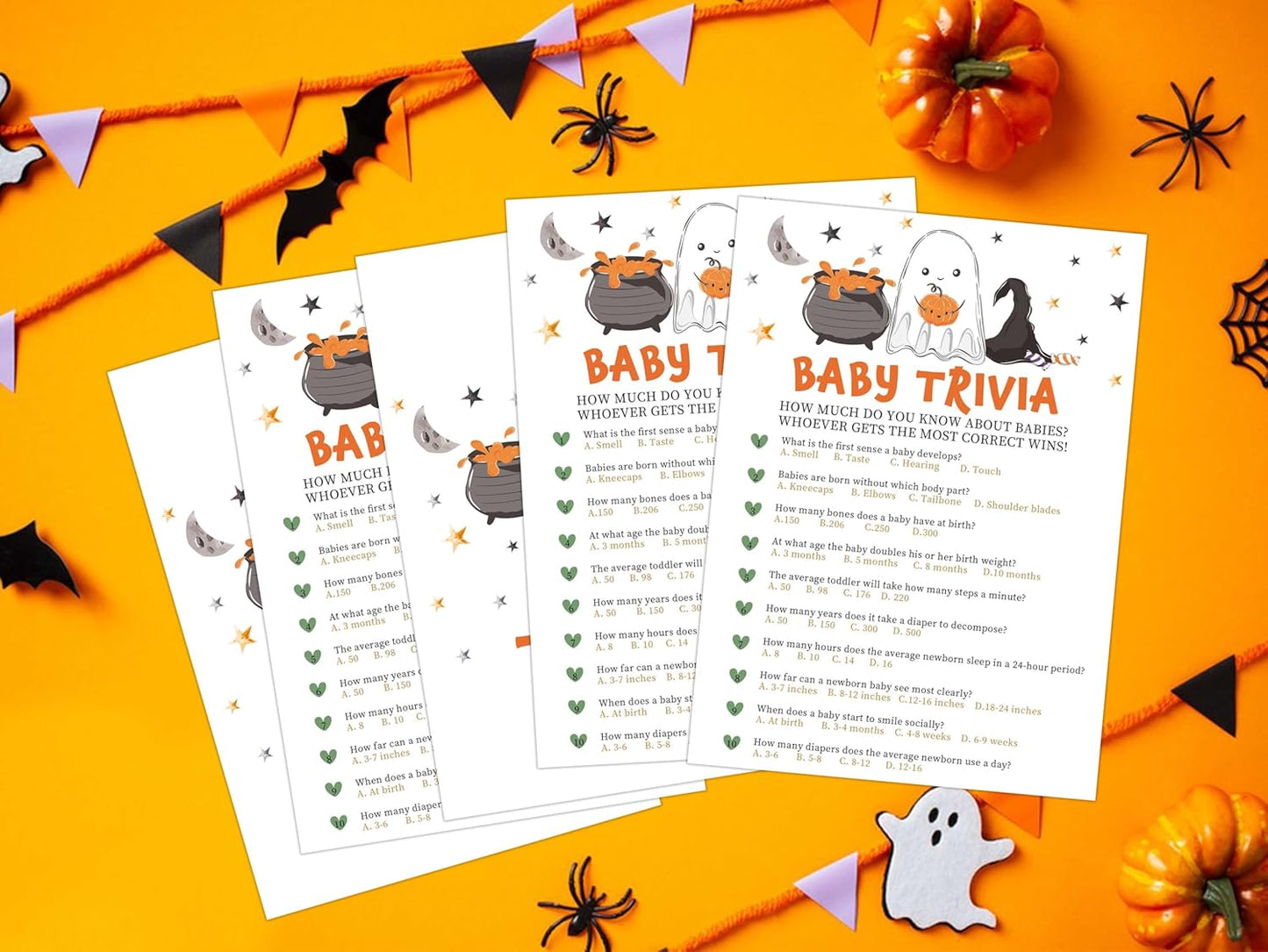 Halloween Baby Shower Trivia Game, 30 Halloween Gender Reveal Games for Guests (Included Answer Card) 5x7 inch, Perfect for Neutral Gender Reveal Decorations Party Favors Supplies