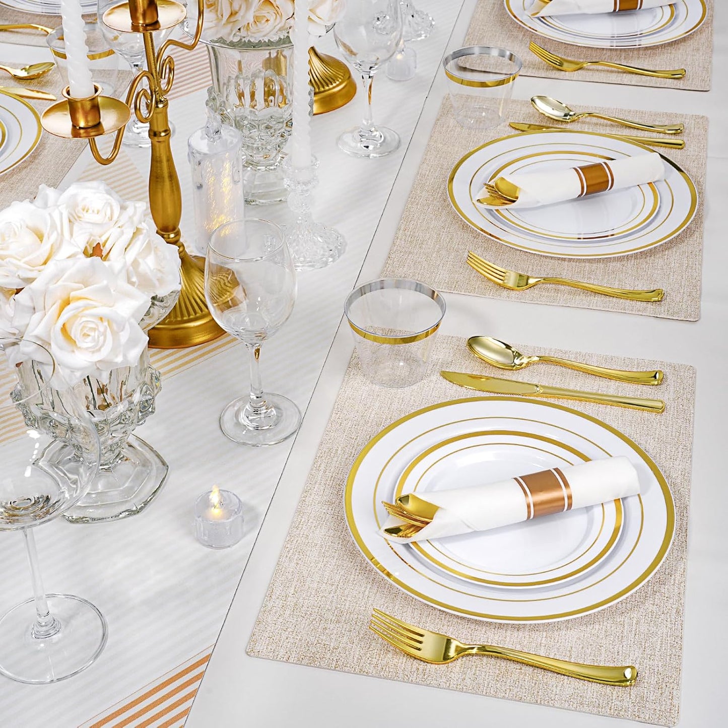 350 PCS White and Gold Plastic Dinnerware Set for 50 Guests, 100 Disposable Plates for Party, 50 Pre Rolled Napkins with Gold Silverware, 50 Cups
