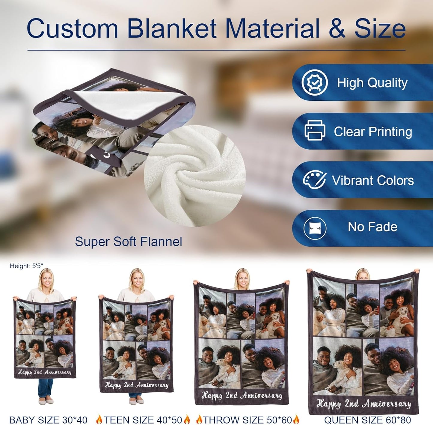 MeMoShe Custom Blanket with Picture Personalized Photo Blanket Wedding Gifts for Couples Husband Wife Customized Blanket I Love You for Girlfriend Boyfriend-5 Photos