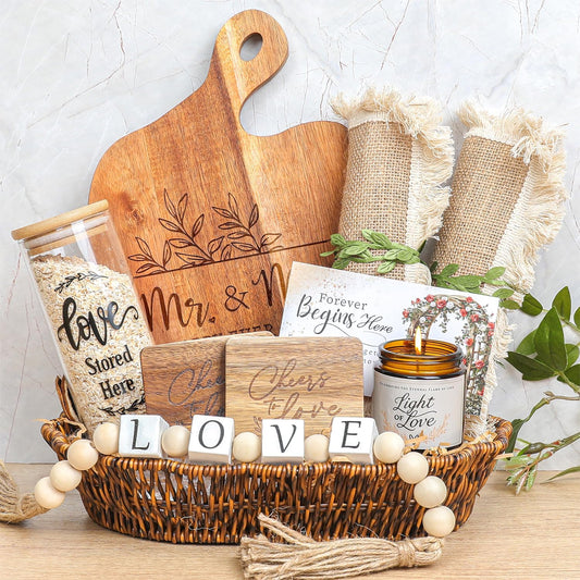 Wedding Gifts for Couples 2025,Bride Shower Gifts,Anniversary Engagement Gift,Mr and Mrs Cutting Board Basket Set