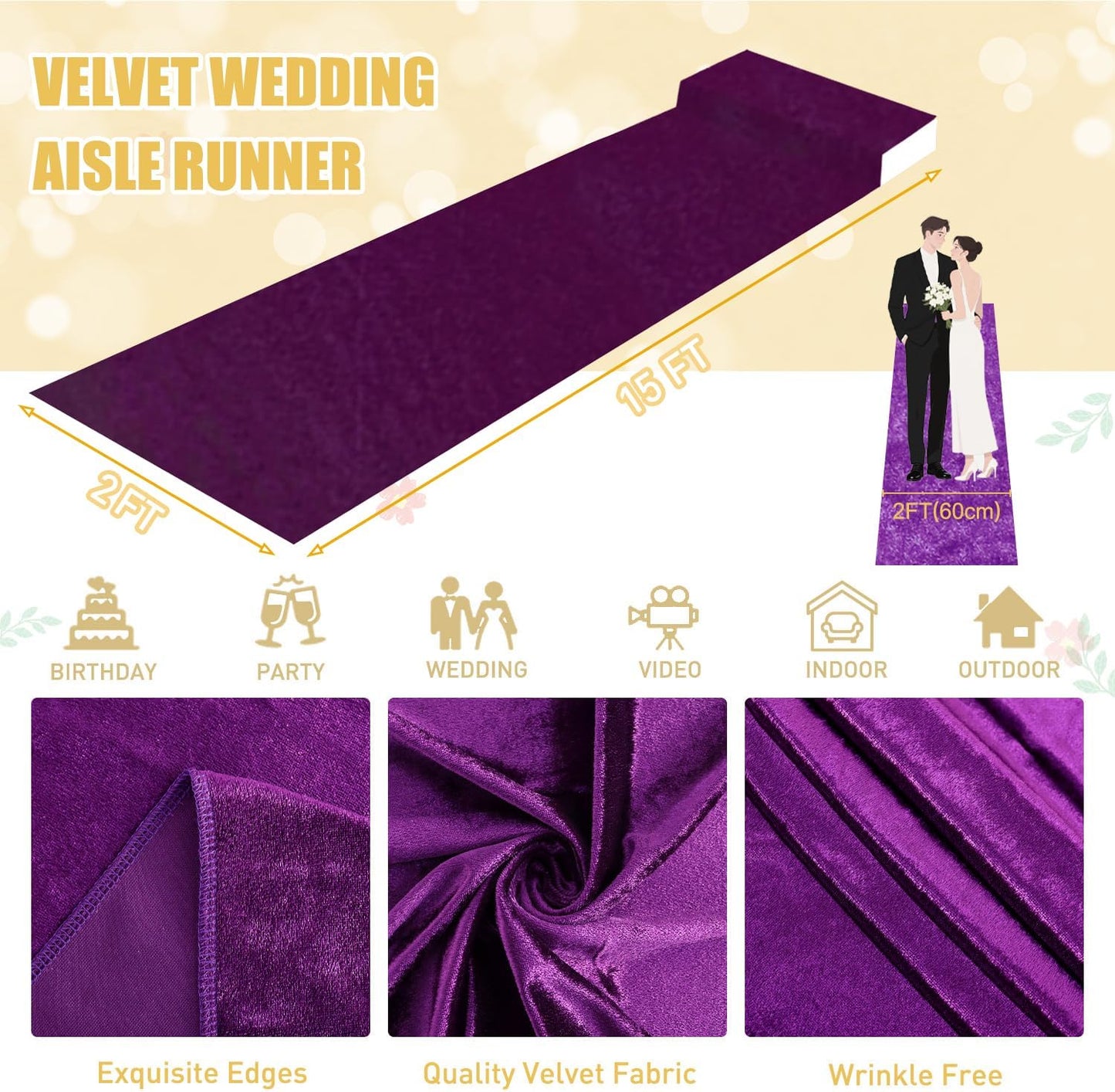 FUHSY Aisle Runners for Weddings Purple Aisle Runner 15FTx2FT Aisle Floor Runner Wedding Decorations Luxurious Velvet Fabric Carpet Runner Indoor and Ourtdoor Aisle Runner Carpet for Graduation Party