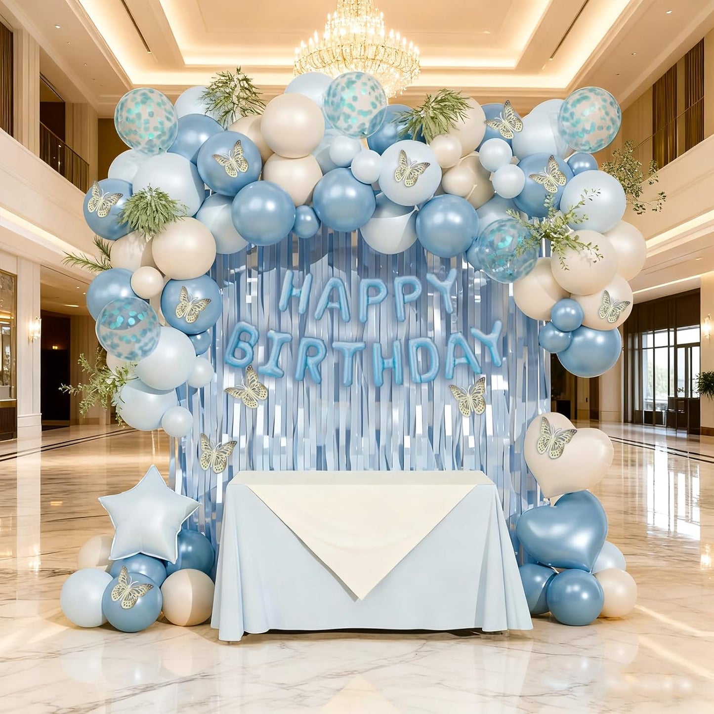 Light Blue Birthday Decorations, Dusty Blue Sand White Confetti Foil Balloons Happy Birthday Banner Fringe Curtains Gold Butterfly for happy birthday party decor