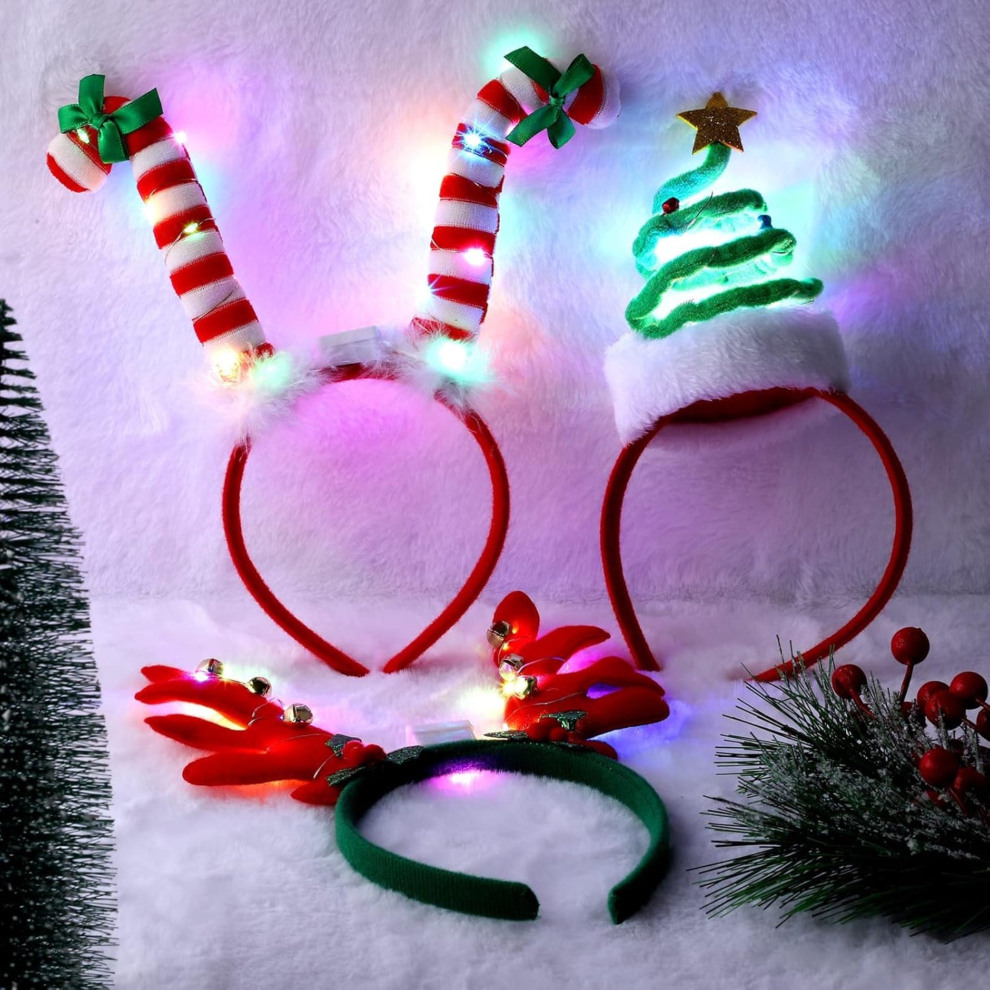 Aneco 6 Pack LED Christmas Headbands Assorted Christmas Tree Candy Canes Elf Hats Headwear Antler Costume Hair Hoop for Christmas Costume Accessory Party Favors