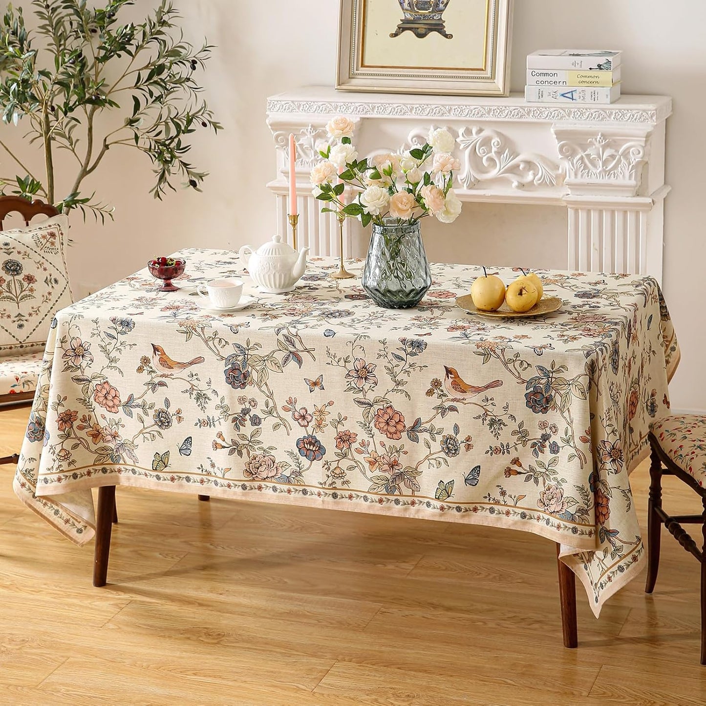 ISAENNE Designer French Light Beige Extra Long Rectangle Tablecloth,Linen Florals and Birds Pattern Table Cloth,Durable Decorative Tablecloths for Dining Thanksgiving Kitchen,63"*110"-Cornucopia