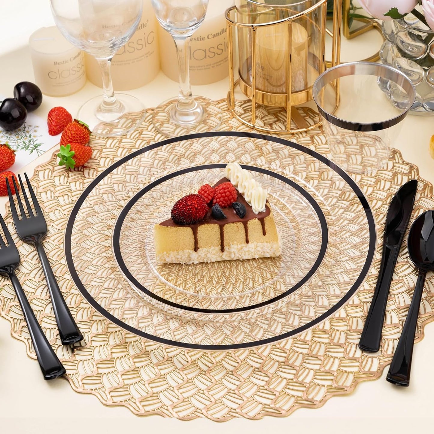 100PCS Black and Clear Plastic Plates, Black Disposable Plate Set with 50 Dinner Plates and 50 Dessert Plates for Party, Halloween, New year