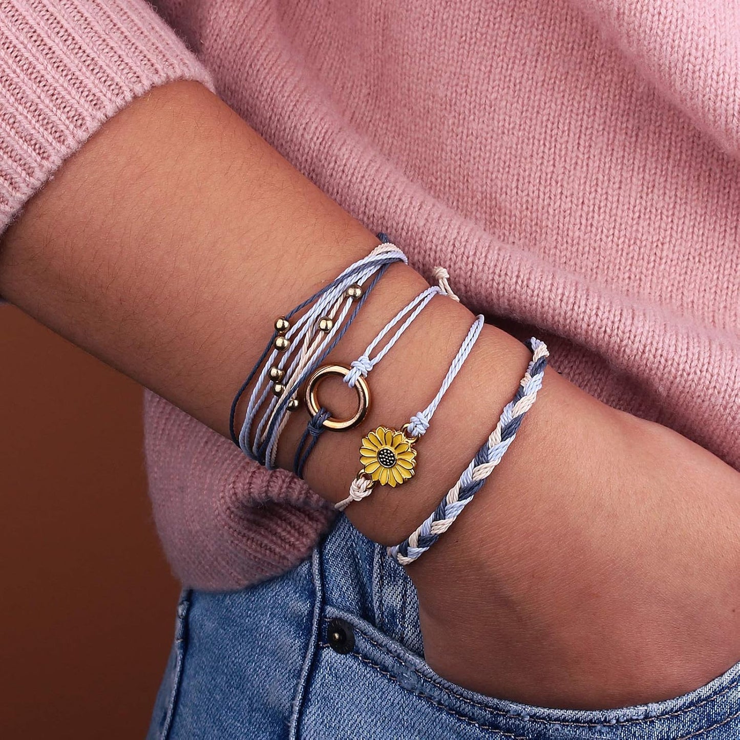 FANCY SHINY Sunflower String Bracelet Boho Braided Rope Wrap Bracelets Cute Summer Beach Surfer Jewelry for Women Christmas Gifts