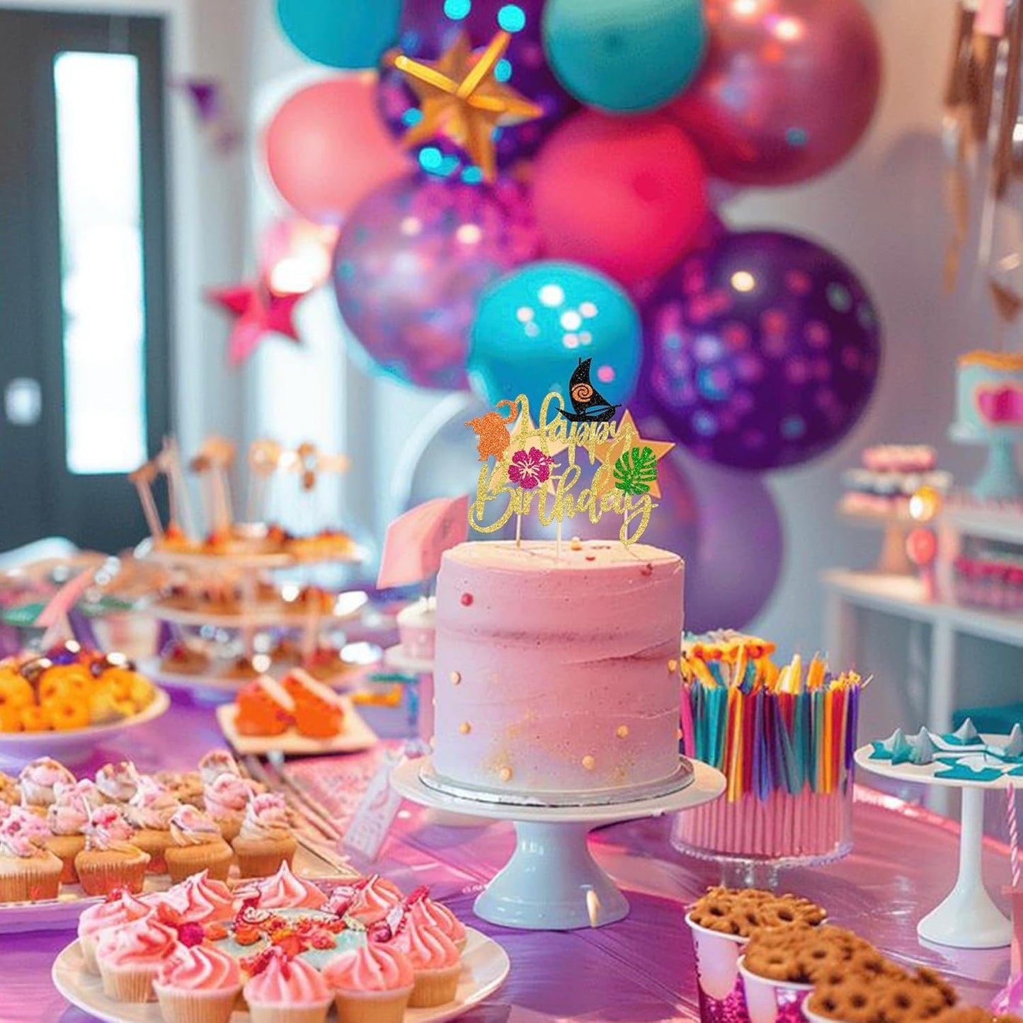 1 Pack Moana Cake Toppers Glitter Palm Leaf Moana Cake Picks The Sea is Calling Hawaiian Tropical Cupcake Decorations for Luau Summer Baby Shower Birthday Party Supplies Gold