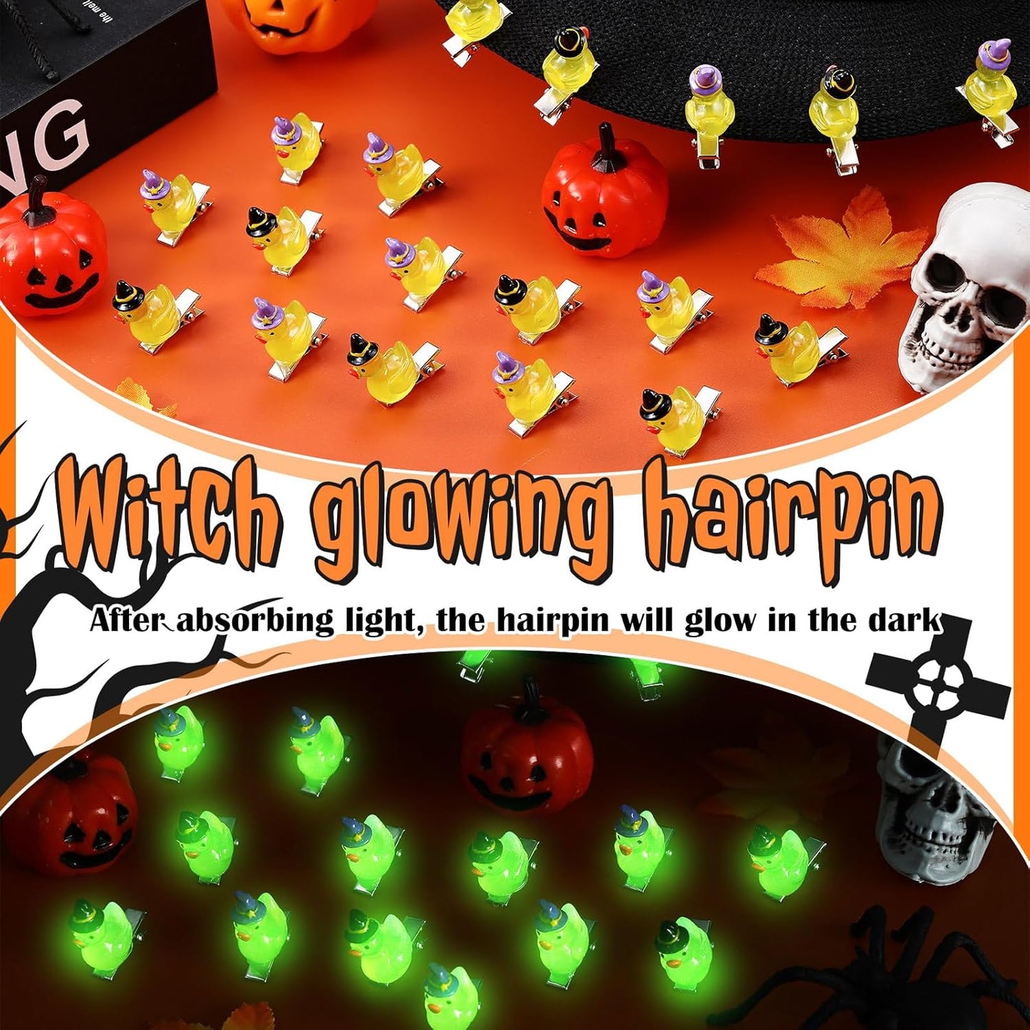 30 Pcs Mini Glow Hair Clips Girls Rave Hair Clips for Women Christmas Music Festival Holiday Party Supplies (Witch Hat Duck)