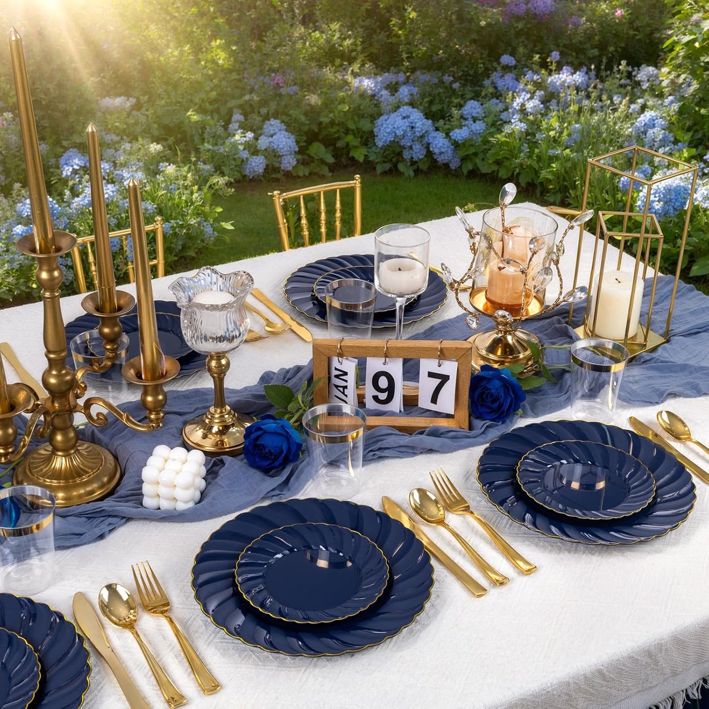 YOUBET 100 Pack Blue Scalloped Plastic Plates - 6.5 Inch Navy Blue Disposable Plates - High End Elegant Vintage Dessert Plate for Party & Weeding & Birthday