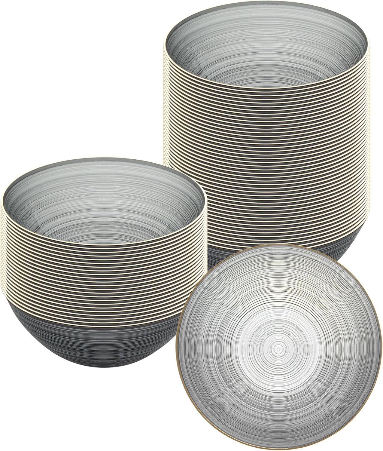 Restaurantware Plastic Bowls 100 Pcs 16 oz Gold Rimmed Disposable Soup Bowls Heavy-Duty Black Translucent Rippled Dinnerware Containers for Party, Desserts, Salads, Snacks, and Catering