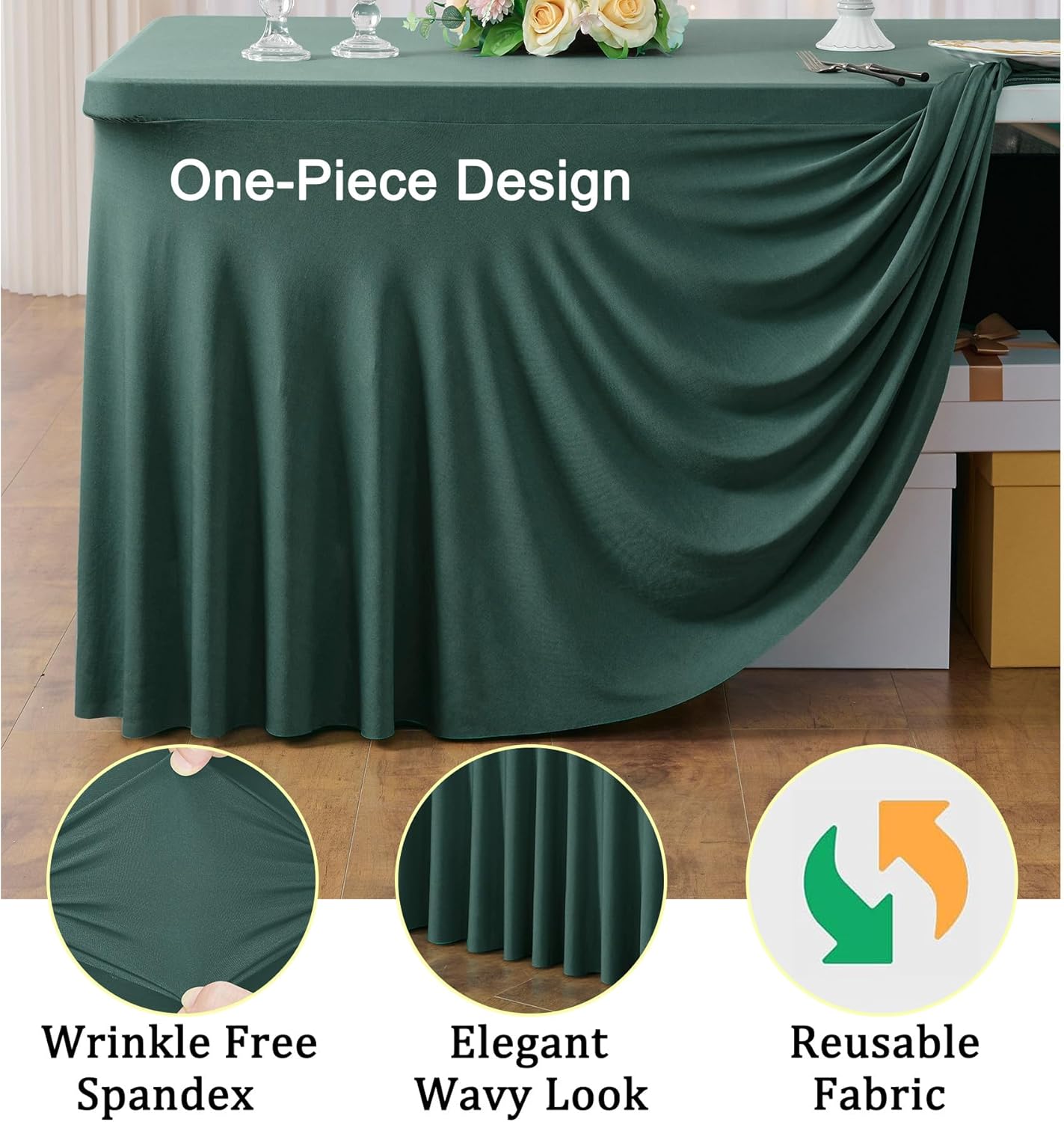 4 Pack Hunter Green Spandex Tablecloths for 6 Foot Rectangle Tables, Wrinkle Free Fitted Tablecover 6ft Stretchy Table Clothes with Skirt for Weddings Birthday Party Banquet Baby Shower