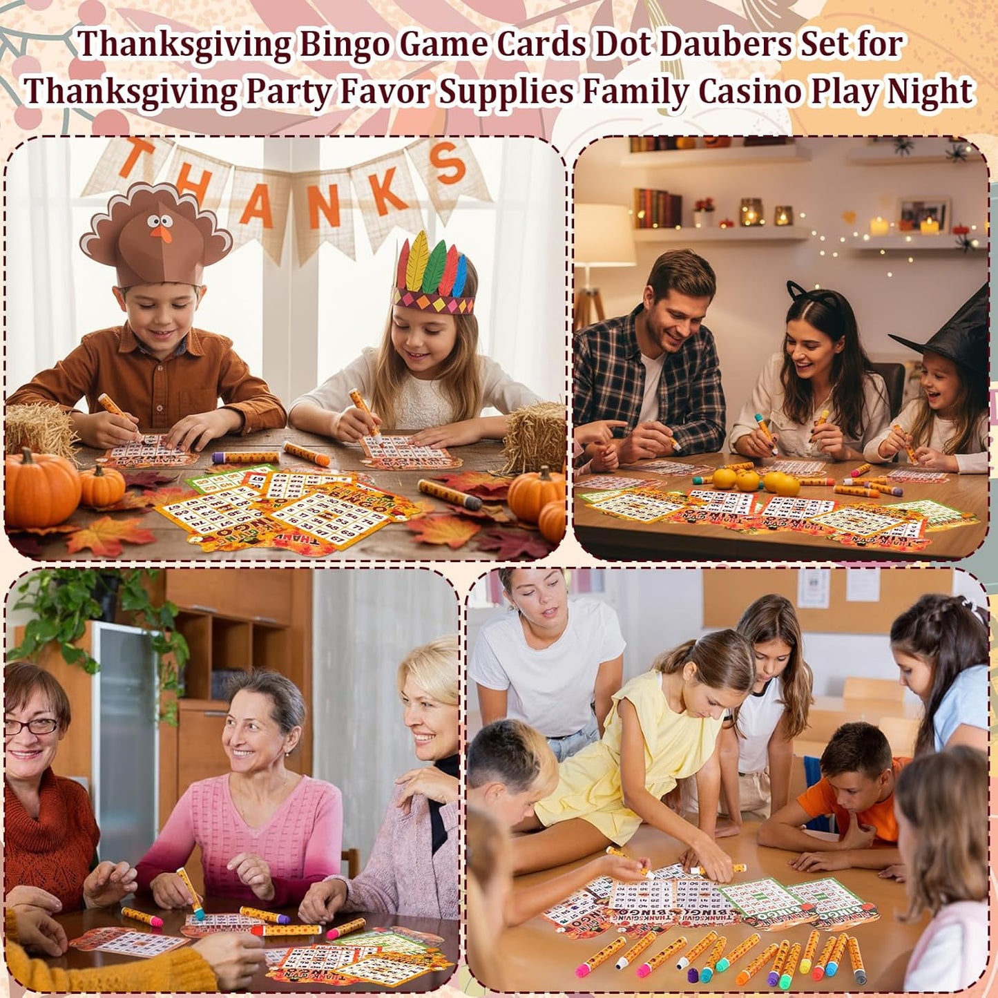 Eersida 192 Pack Thanksgiving Bingo Game Cards and 0.4 oz Dot Daubers Set Includes 144 Bingo Cards and 48 Dot Markers Game Supplies Set for Thanksgiving Gifts Party Favor Supplies Family Casino Night