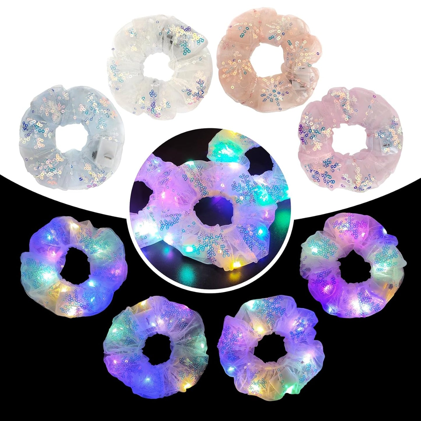 4 Pcs Christmas Light Up Hair Accessories for Girls Women, Sparkly Sequins Hair Scrunchies, LED Hair Tie for Movie Night Supplies, Glow in The Dark Scrunchies for Rave Neon Slumber Party