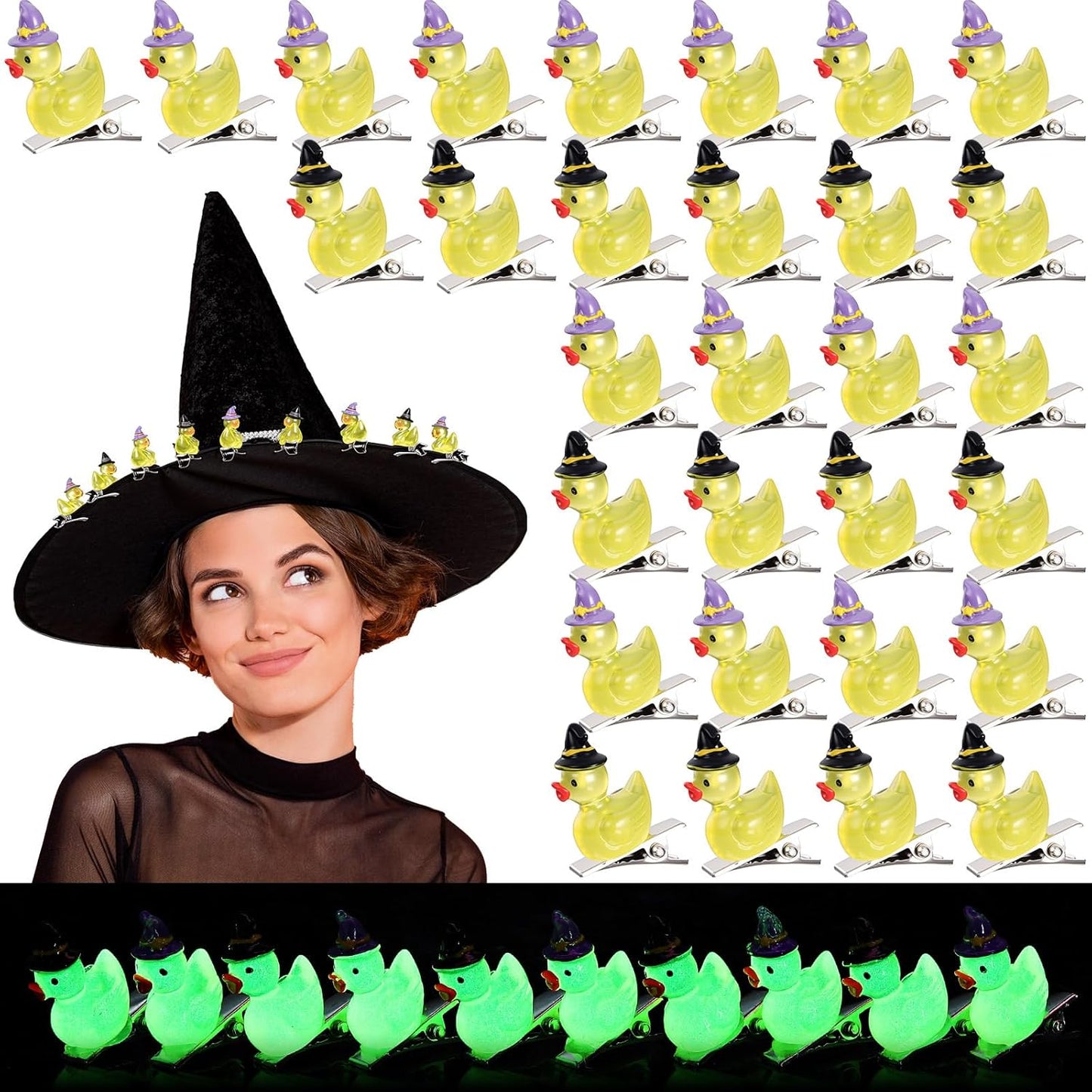 30 Pcs Mini Glow Hair Clips Girls Rave Hair Clips for Women Christmas Music Festival Holiday Party Supplies (Witch Hat Duck)