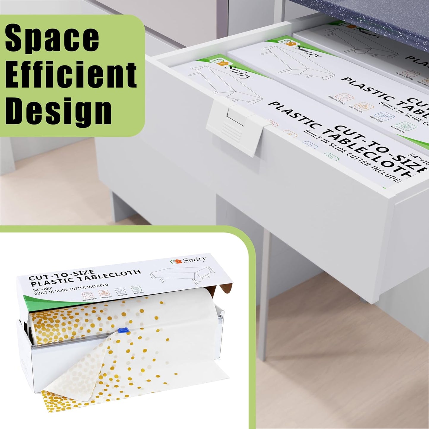 Smiry 54 Inch x 300 Feet Disposable Table Cover Roll, White & Gold Plastic Table Cloth in Cut-to-Size Box with Slide Cutter, Waterproof Rectangle Tablecloths for Weddings, Banquets, Outdoor