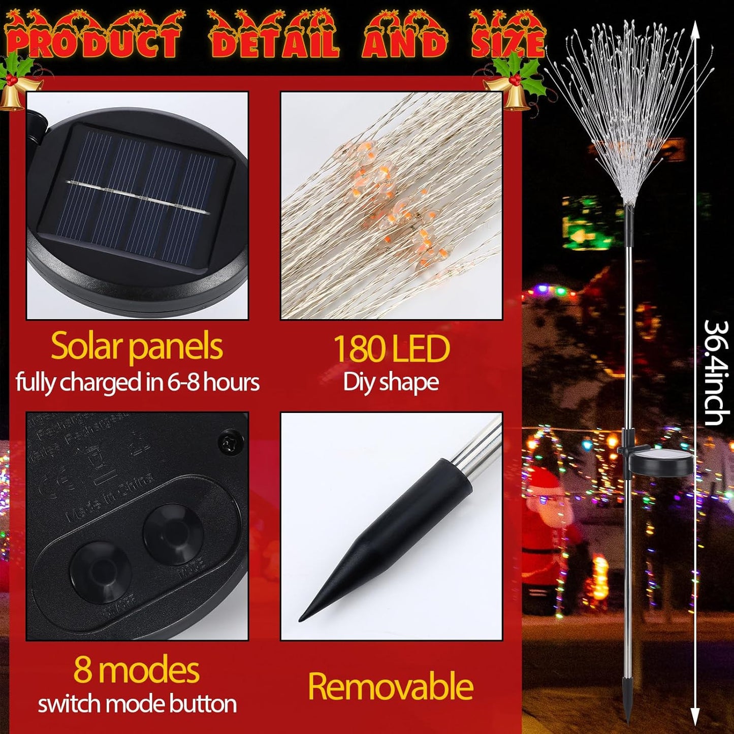 4 Pack Christmas Solar Firework Lights Decorations Garden Pathway Solar Power Light Stake Waterproof Landscape Lamp with 180 LED 8 Modes for Christmas Party Decoration(Red, White, Green)