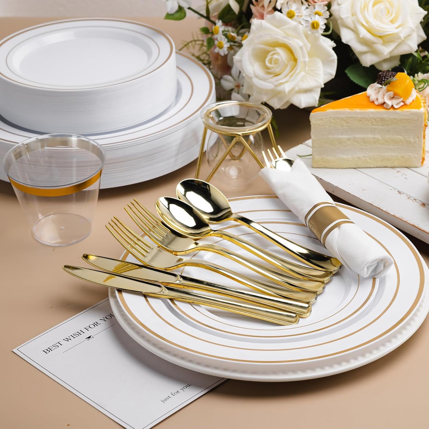 350 PCS White and Gold Plastic Dinnerware Set for 50 Guests, 100 Thanksgiving Disposable Plates for Party, 50 Pre Rolled Napkins with Gold Silverware, 50 Cups