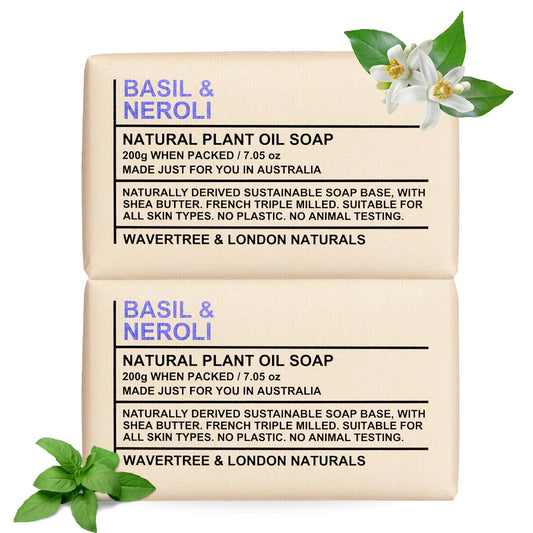 Wavertree & London Basil & Neroli Scented Natural Soap Bars (2 Bars), 7oz Moisturizing French Triple Milled Soap enriched with shea butter - Plant Oil Bath & Body Soap Bars [100% Naturally derived]