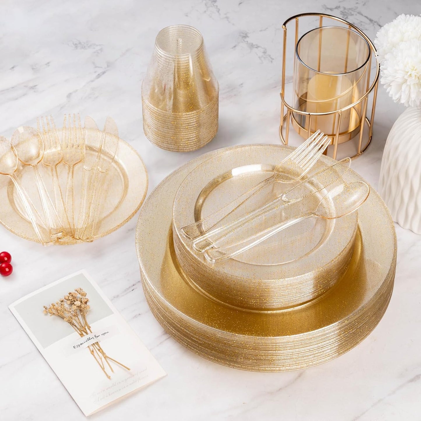 Goodluck Gold Glitter Plastic Plates - 200PCS Set: 100 Dinner (10.25 Inch), 100 Dessert (7.5 Inch) Plates - Disposable, Suitable for Parties, Weddings, Christmas