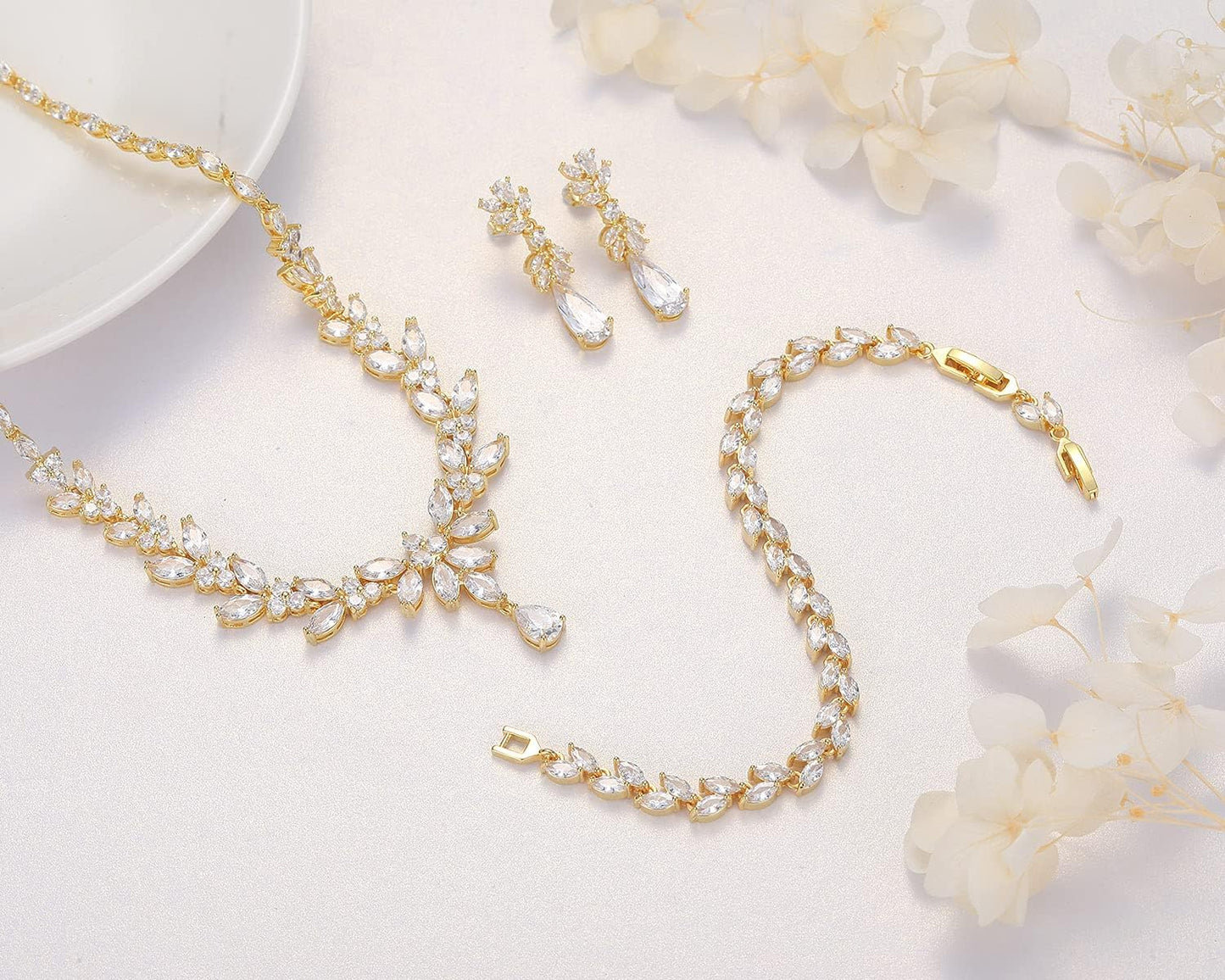 Jewelry Set for Women, Cubic Zirconia Necklace Dangle Earrings & Bracelet Jewelry Set for Bride Bridesmaid Wedding Engagement Prom Party