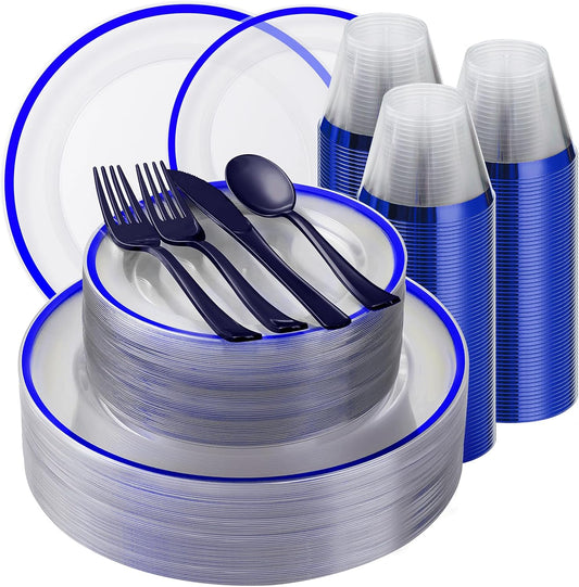 350PCS Blue and Clear Plastic Dinnerware Sets for 50 Guests, Include 100 Blue Disposable Plates, 100 Forks, 50 Knives, 50 Spoons, 50 Cups,christmas party supplies