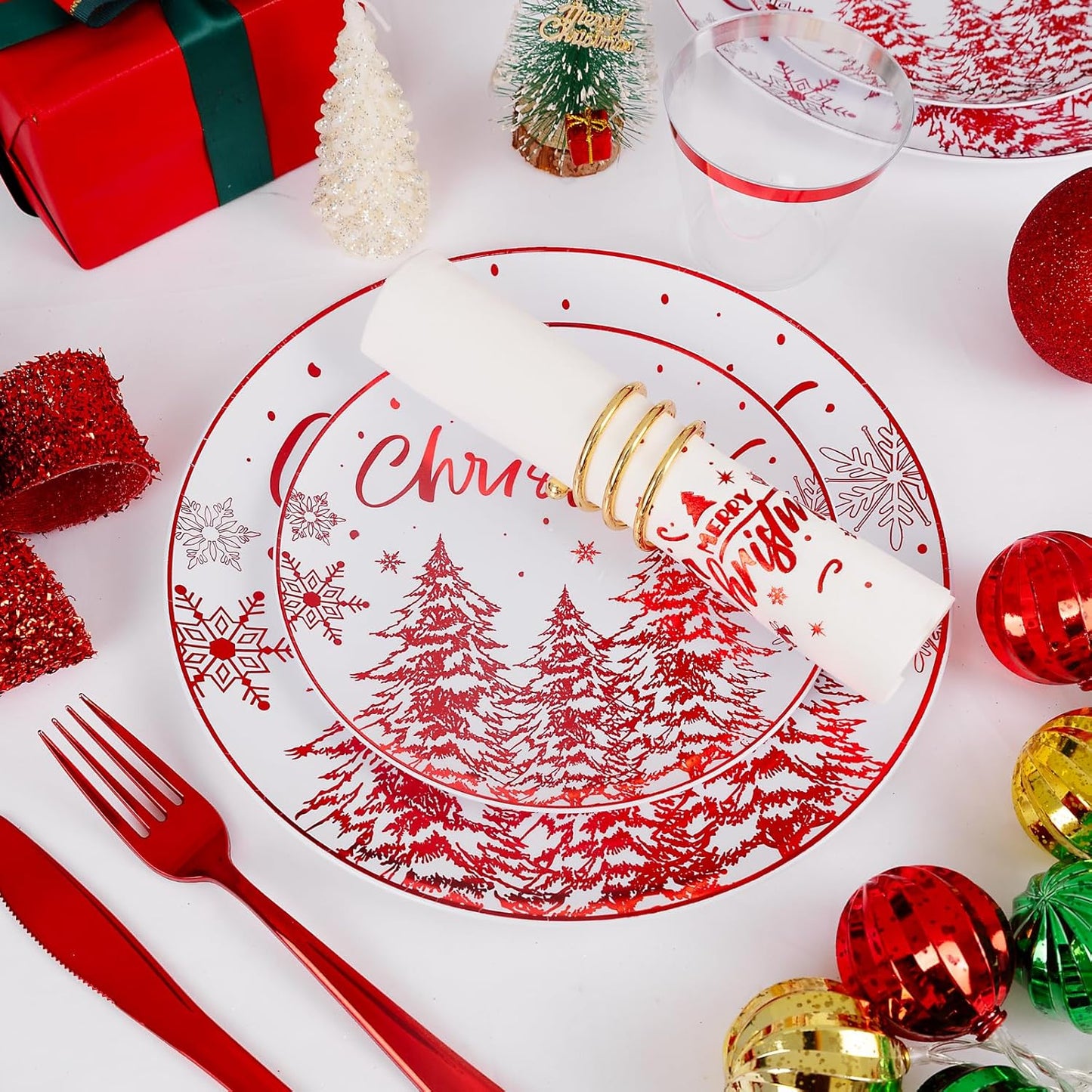 Rubtlamp 175 Pcs Christmas Plastic Plates And Napkins, Christmas Plates Disposable, White And Red Plastic Dinnerware Include 25Dessert Platos, 25Dinner Platos, 75 plastic cultery, 25Cups, 25Napkins