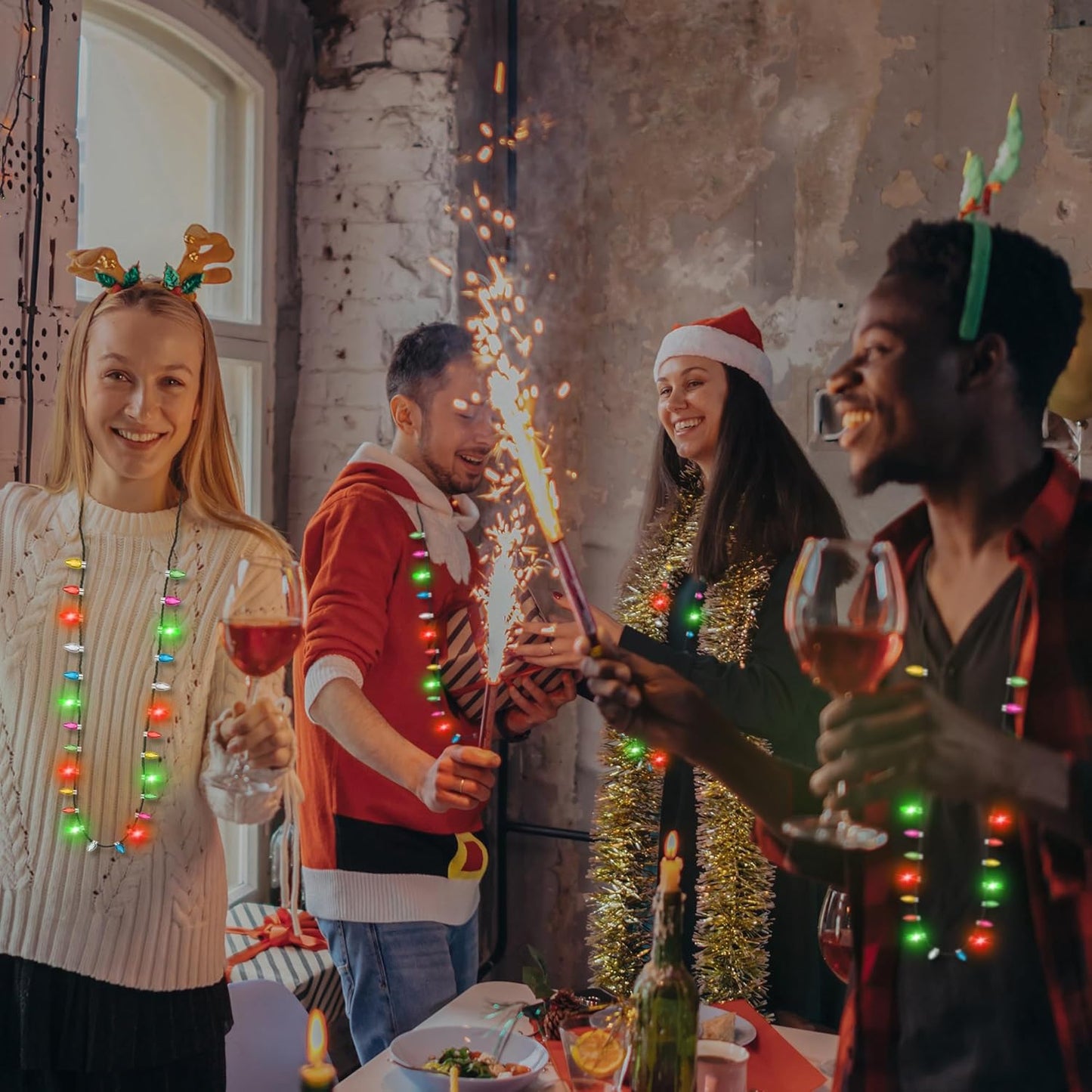 Christmas Party Favors, 6pcs Light up Christmas Necklace Bulk, Christmas Necklaces with 8 Colorful Glow Bulb, 3 Modes Lights Necklace for Xmas Gifts Ugly Sweater New Year Party Supplies Accessories