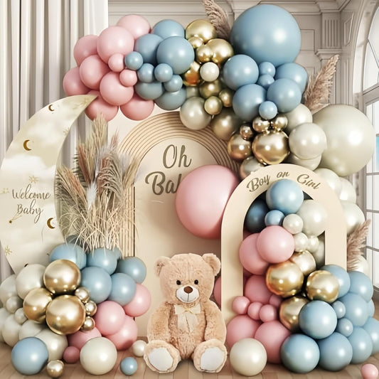 Baby Pink Blue Gender Reveal Balloon Garland Arch Kit, 120pcs Dusty Blue Pink Cream and Pastel Gold Balloons for Boho Neutral Oh Baby Shower Birthday Decor Gender Reveal Party Decorations Supplies