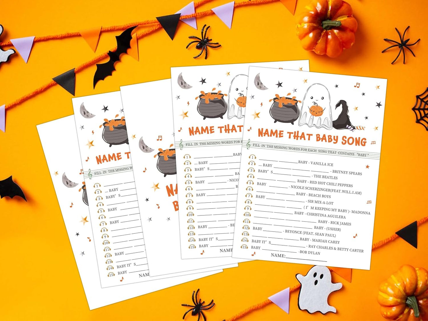 Name That Baby Song Halloween Baby Shower Game, 30 Halloween Gender Reveal Games for Guests (Included Answer Card) 5x7 inch, Perfect for Neutral Gender Reveal Decorations Party Favors Supplies