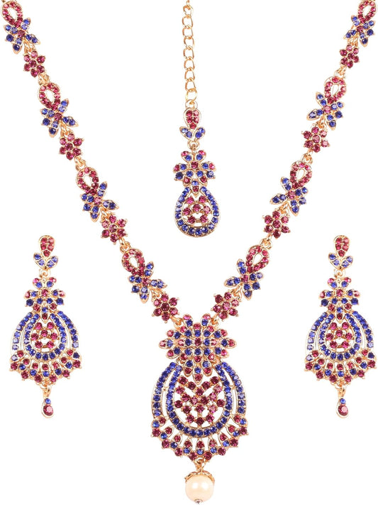 Touchstone Indian jewelry sets for women maang tikka wedding guest gold necklace bollywood jewellery set pageant elegant prom bride accessories western crystal chunky rhinestone necklaces