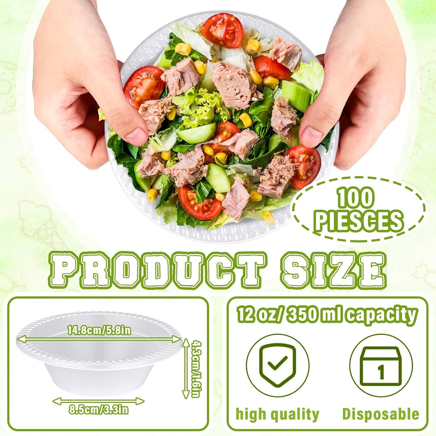 Lallisa 100 Pcs 12oz White disposable Plastic bowls Dessert Cups Ice Cream Snack Salad Soup Food Serving Bowls for Party Favor Picnic