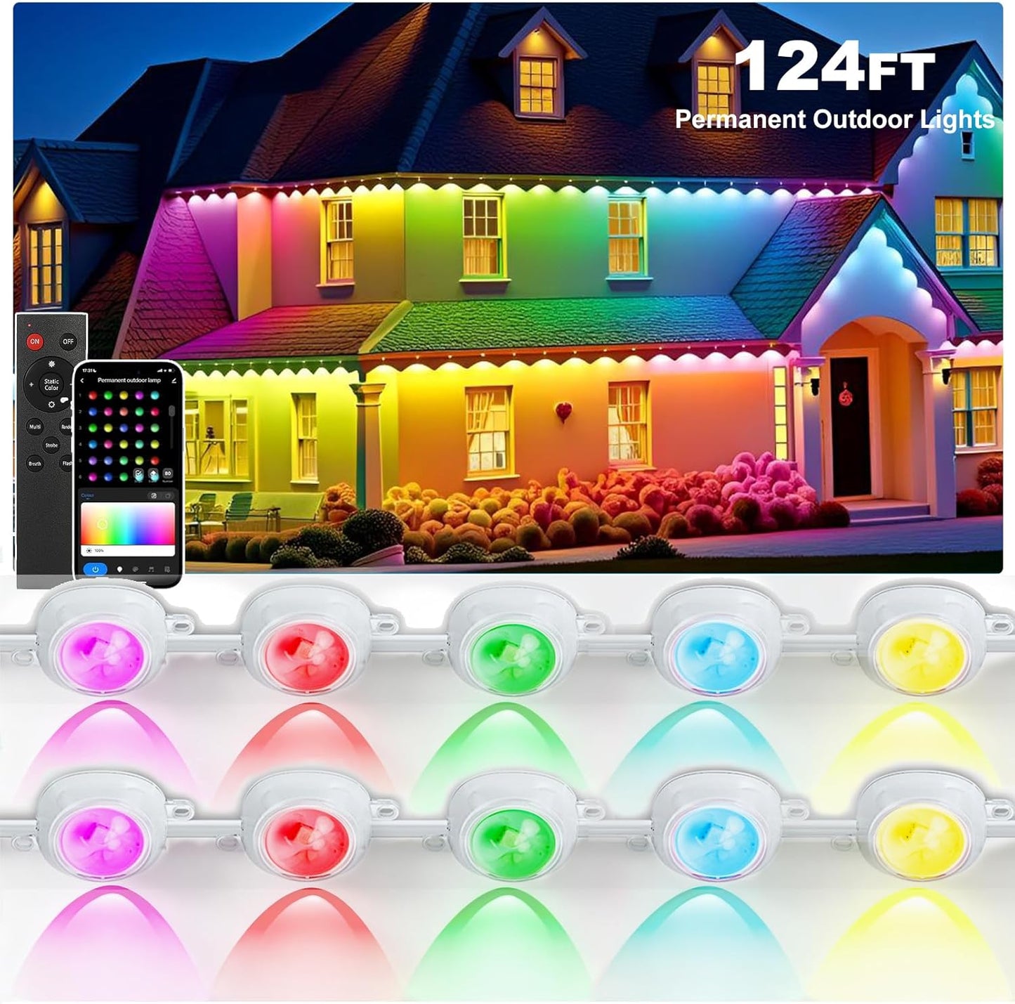 Permanent Outdoor Lights, RGB+IC Christmas Lights Outdoor with 51 Scene Modes, 124ft with 72 LED Outside Light for House, IP67 Waterproof , Work with Alexa, Google Assistant, Quick Installation