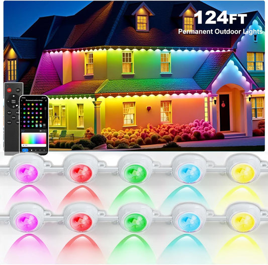 Permanent Outdoor Lights, RGB+IC Christmas Lights Outdoor with 51 Scene Modes, 124ft with 72 LED Outside Light for House, IP67 Waterproof , Work with Alexa, Google Assistant, Quick Installation