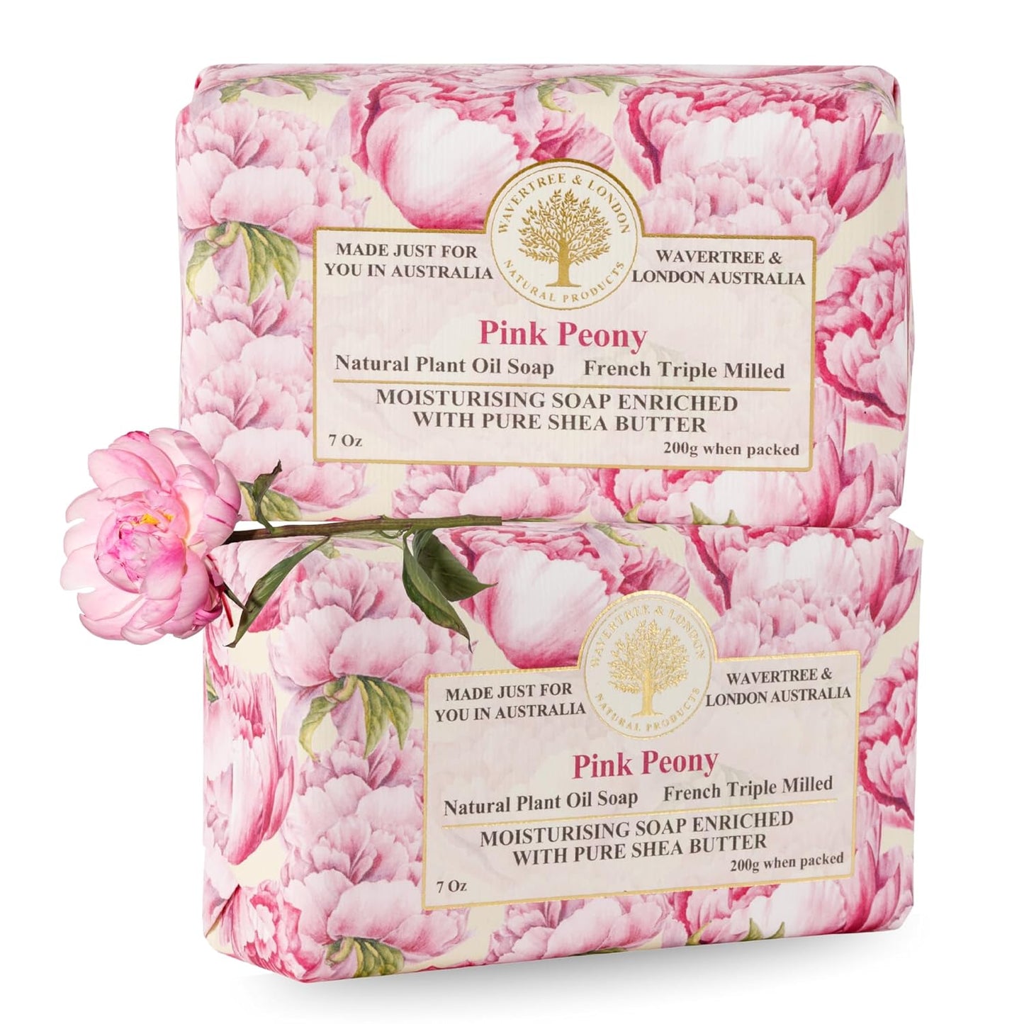 Wavertree & London Pink Peony Scented Natural Soap (2 Bars), 7oz Moisturizing French Triple Milled Soap Bars enriched with shea butter - Pure Plant Based Bath & Body Bars for All Skin Types