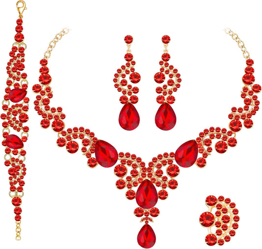 Crystal Bridal Wedding Jewelry Sets for Women Rhinestone Teardrop Crystal Statement Choker Necklace Drop Earrings Link Bracelets Rings Teardrop Jewelry Set for Brides Bridesmaids