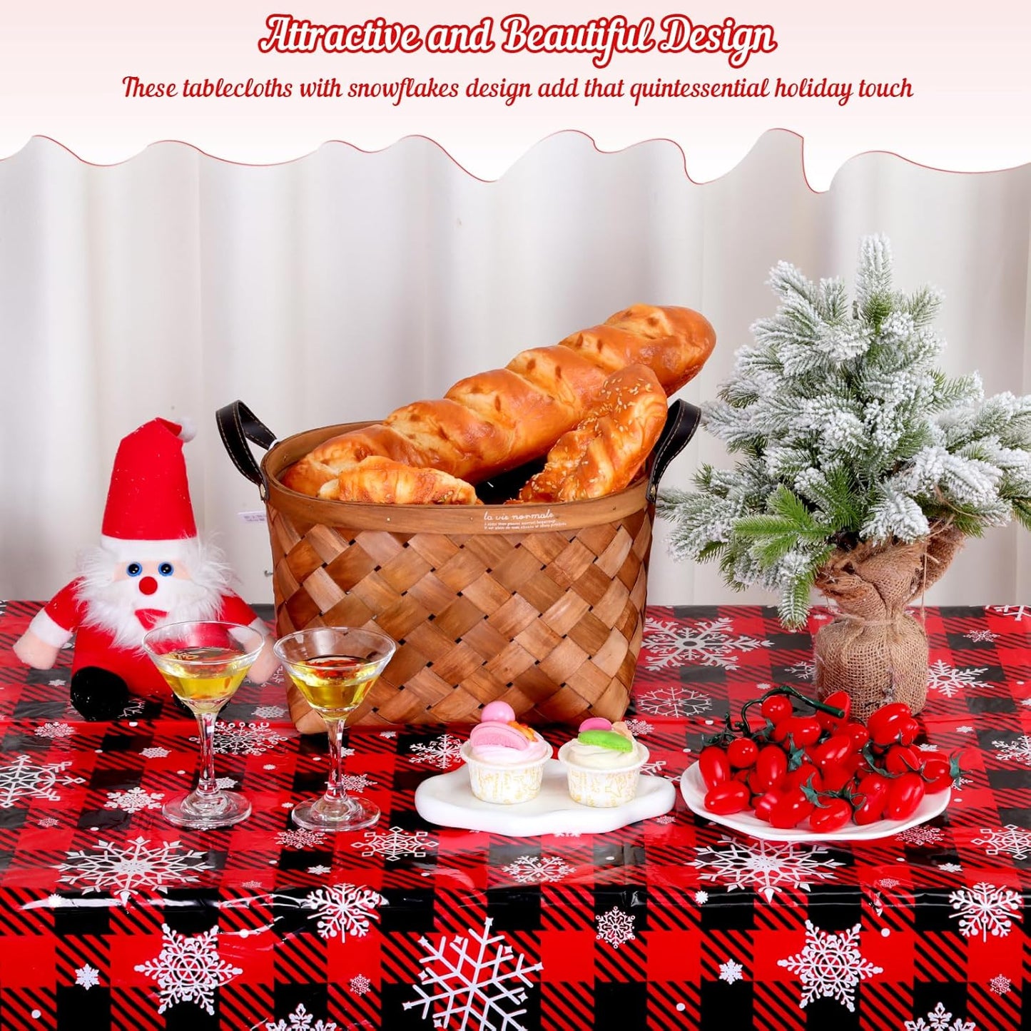 3 Pack Christmas Buffalo Plaid Snowflake Tablecloths, 54 x 108 inch Winter Snowflake Plastic Table Cloth Disposable Rectangle Table Cover for Christmas New Year Holiday Party